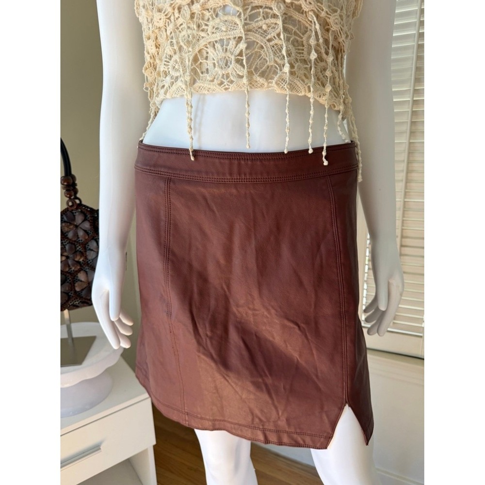 Shinestar Brown Faux Leather Mini Skirt Side Slit Size L